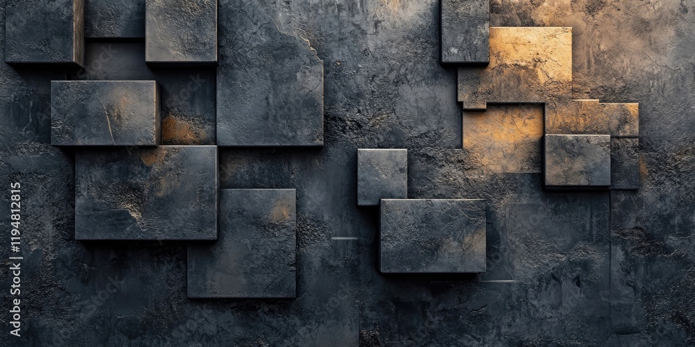 Aufkleber dark textured wall design featuring uneven rectangular blocks in shades of gray with warm golden hig