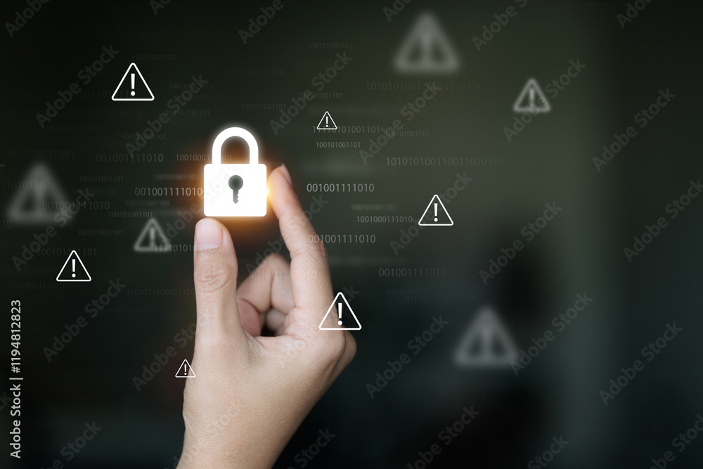 Poster highlighting cybersecurity alerts a glowing lock amidst warning symbols emphasizing data protection