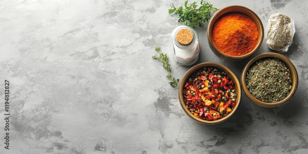 Poster aerial view of three brown bowls with colorful spices including red and green herbs on a gray concre