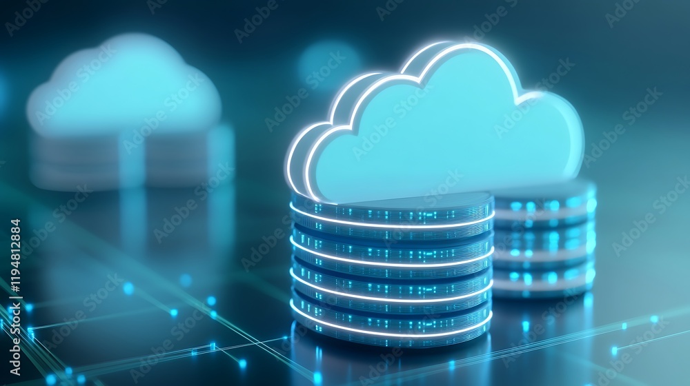 Poster digital cloud storage concept with stacks of data and futuristic technology in a sleek blue environm