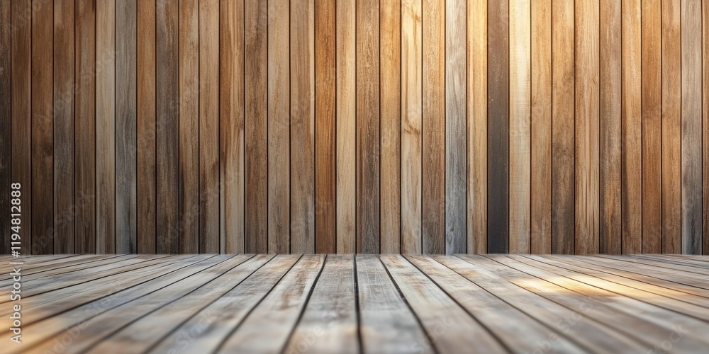 Poster abstract wooden wall with warm brown planks arranged vertically and a light wooden floor creating am