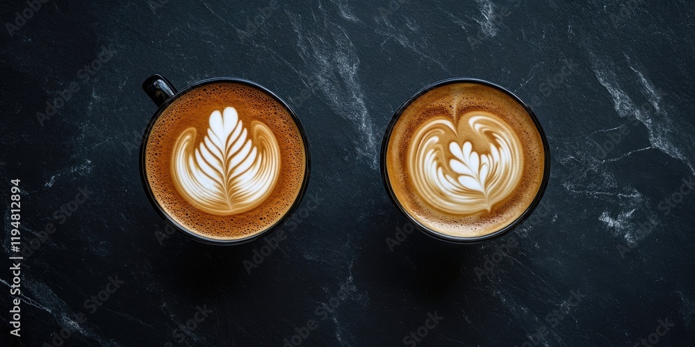 Poster aerial view of two cups of latte and cappuccino with white latte art on dark marble background featu