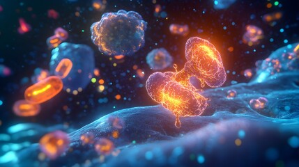 A visual representation of drug metabolism in time-lapse, showing a chemical compound breaking down within a glowing human cell. The process is depicted with glowing energy particles transferring 