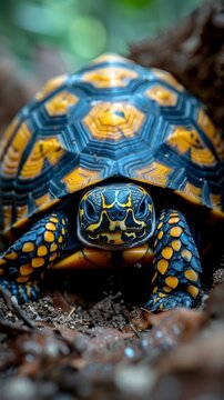 Detailed close-up of a land turtle, highlighting its unique shell pattern and textured skin, captured from a ground-level perspective, ideal for wildlife, nature concepts.