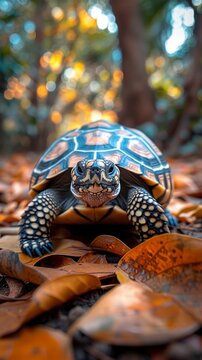 A vibrant land turtle, possibly a Red-footed or Yellow-footed tortoise, crawls among fallen leaves, with its detailed shell and textured skin, blurred background.