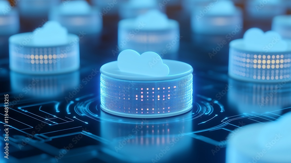 Poster digital cloud storage representation with data circuits and modern technology visualization in blue 