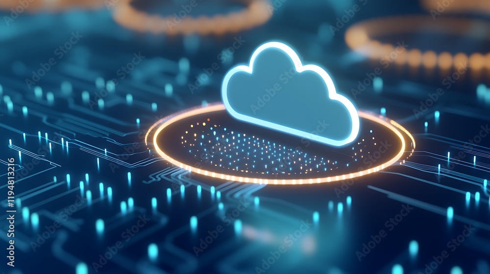 Aufkleber digital cloud storage symbol above circuit board with blue lights and data points, technology and in