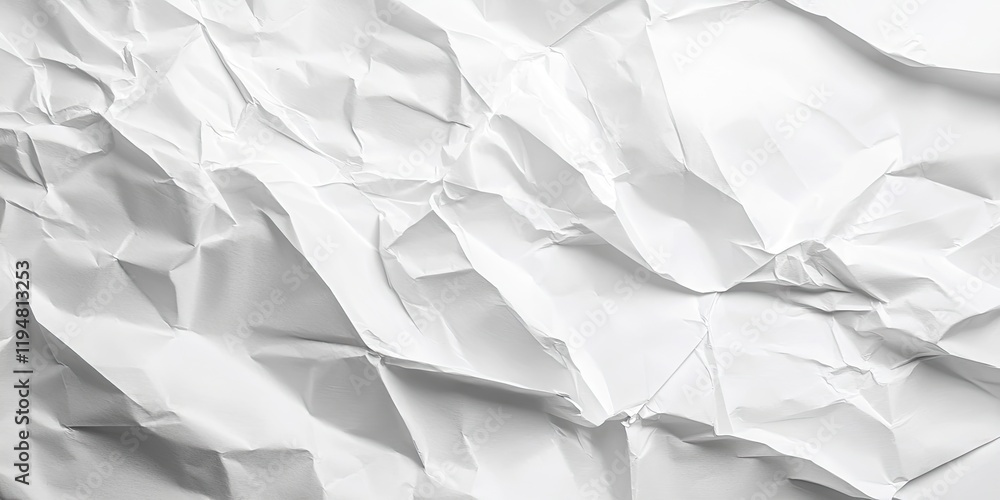 Poster textured crumpled white paper background with intricate folds and shadows creating depth, featuring 