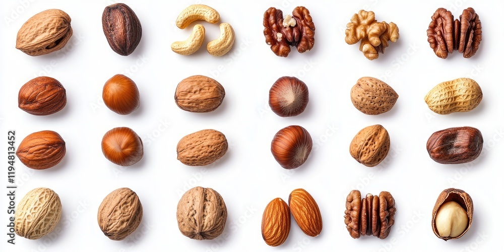 Poster variety of nuts arranged in rows on a white background featuring almonds hazelnuts walnuts pecans an
