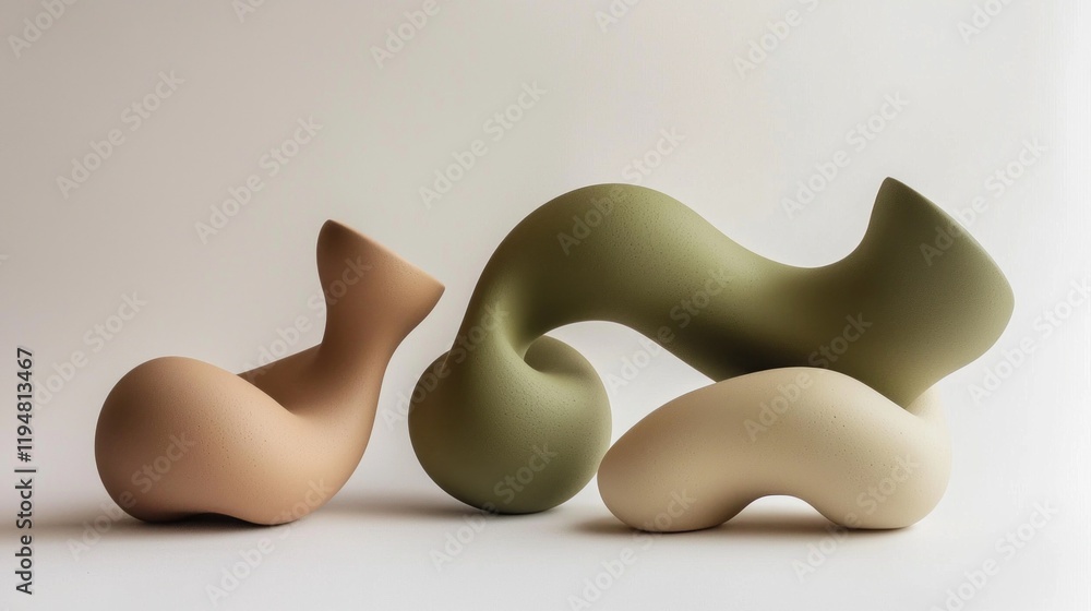 Poster curved organic shapes in soft olive and neutral tones interact gracefully, conveying a sense of tran