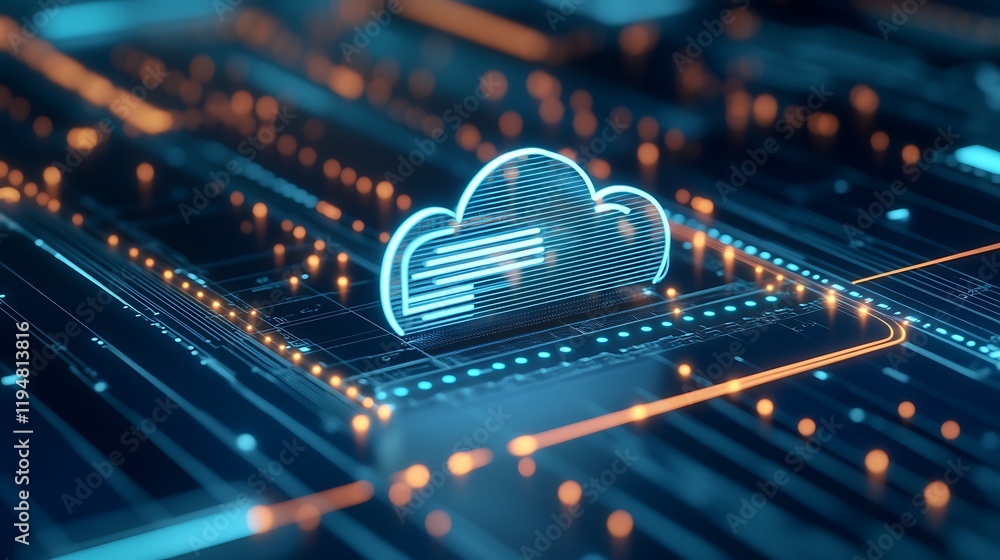 Poster digital cloud symbol over abstract network background featuring data streams and bright lights