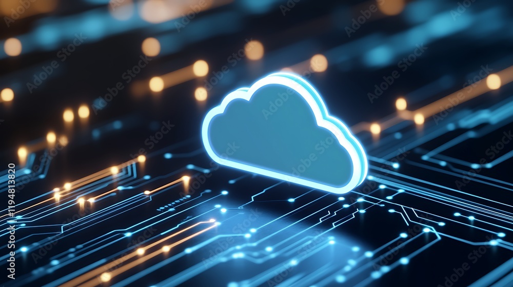 Poster digital cloud symbol over a glowing circuit board background showcasing technology and data concept