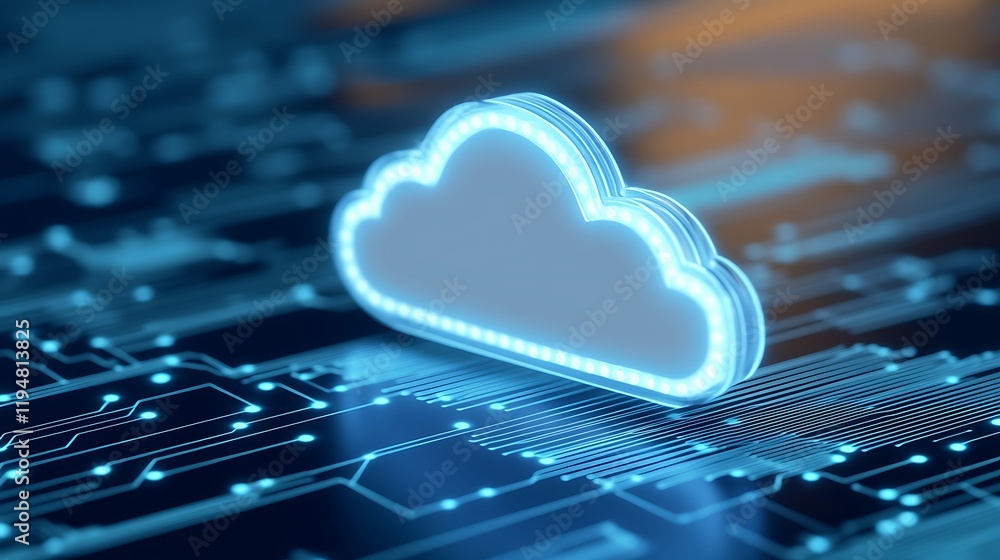 Poster digital cloud symbol over circuit board background with blue lights and graphic patterns