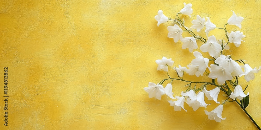 Poster white bell flower branch on the right against a vibrant yellow textured backdrop with plenty of open