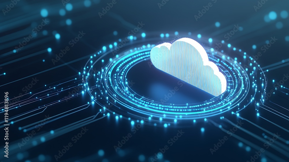 Poster digital cloud symbol surrounded by glowing circuits and data stream in futuristic technology setting
