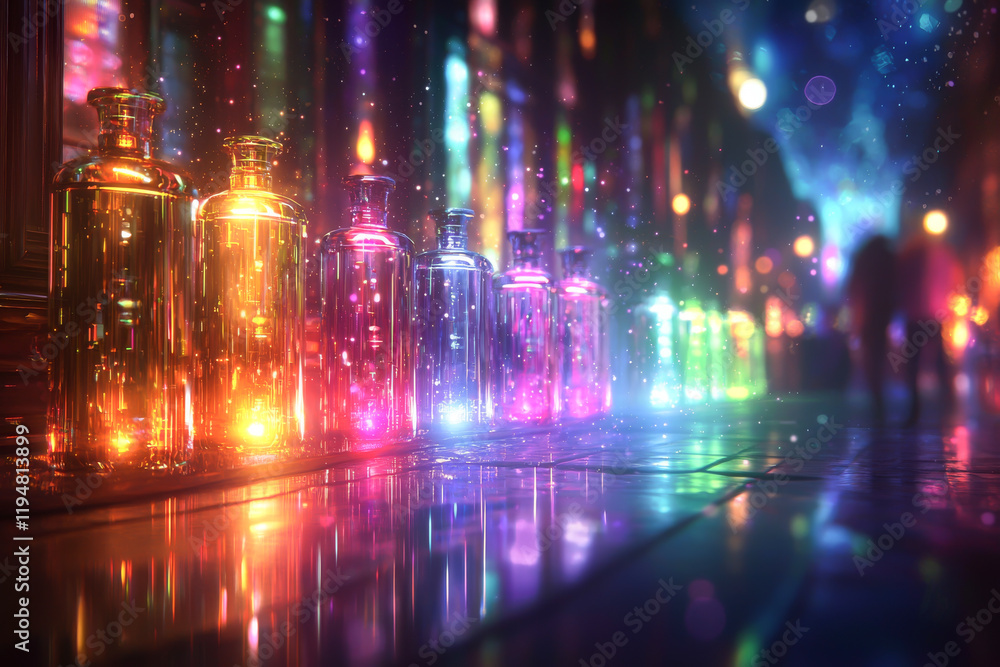 Poster a vibrant display of colorful bottles illuminating a mystical environment.