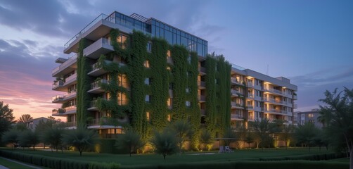 Green building covered in vertical plants at twilight