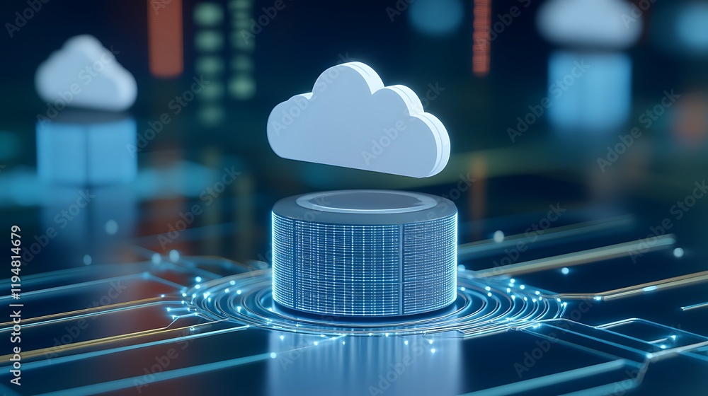 Poster digital cloud technology concept with 3d cloud and data circuits in futuristic environment