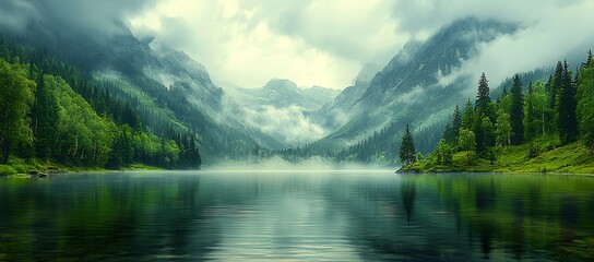 Fototapeta premium Misty mountain lake, serene nature, calm water, forest reflections. Use Calming wallpaper