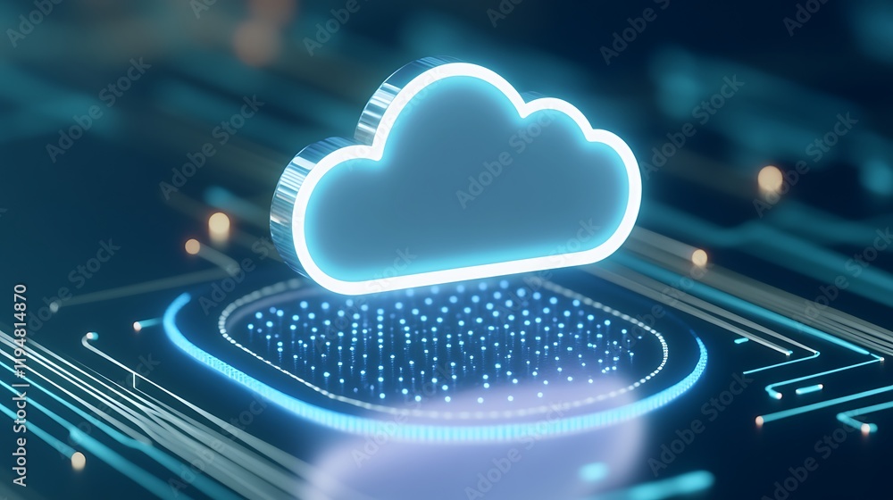 Poster digital cloud technology concept with abstract data network and blue neon design elements