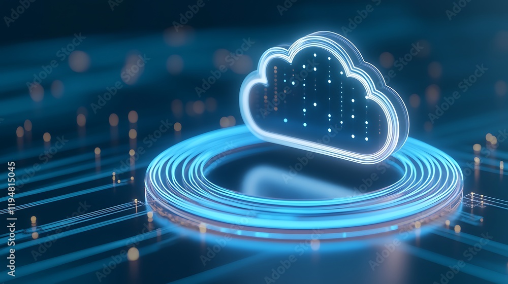 Poster digital cloud technology concept with abstract glowing lines and data visualization in blue tones