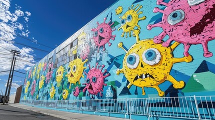Vibrant mural depicting people in protective gear amidst large, abstract virus shapes. Urban art, pandemic symbolism, colorful graffiti, and social commentary on public health. Generative AI.