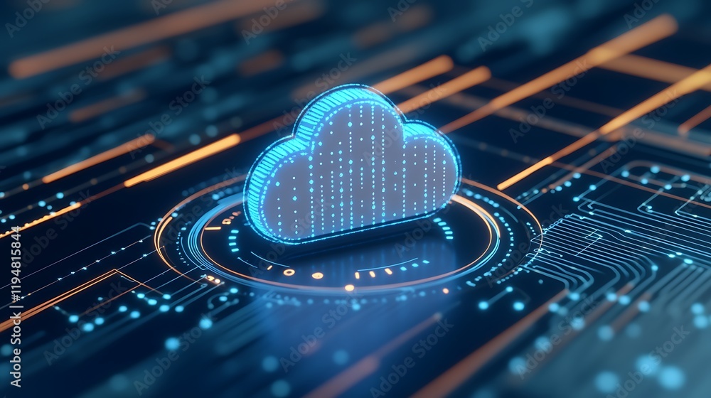 Poster digital cloud technology concept with data flow and circuit board design in futuristic environment