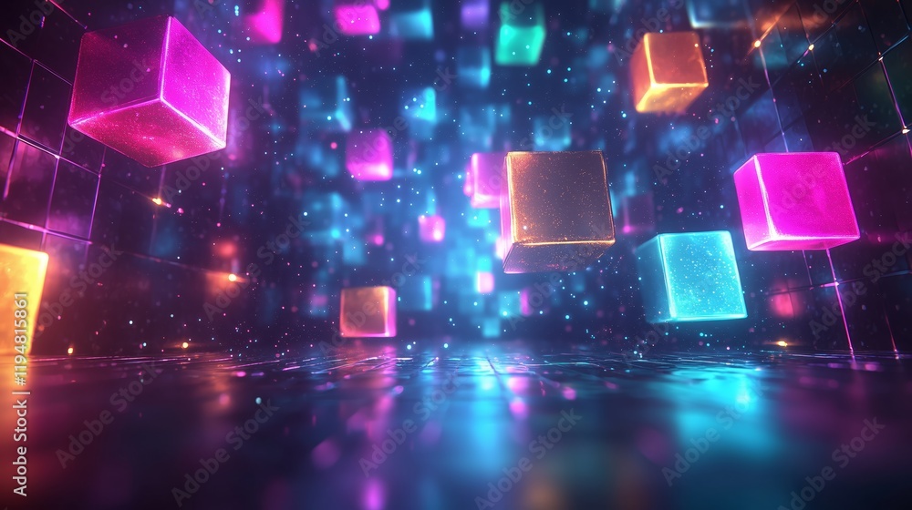 Poster neon cubes floating in futuristic abstract space environment