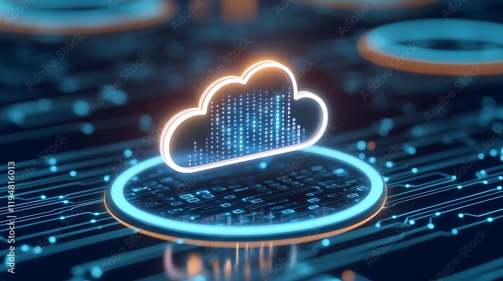 Poster digital cloud technology concept with data transfer and circuit patterns in a futuristic design