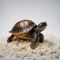 Obraz premium A baby turtle emerging from its egg, white background.