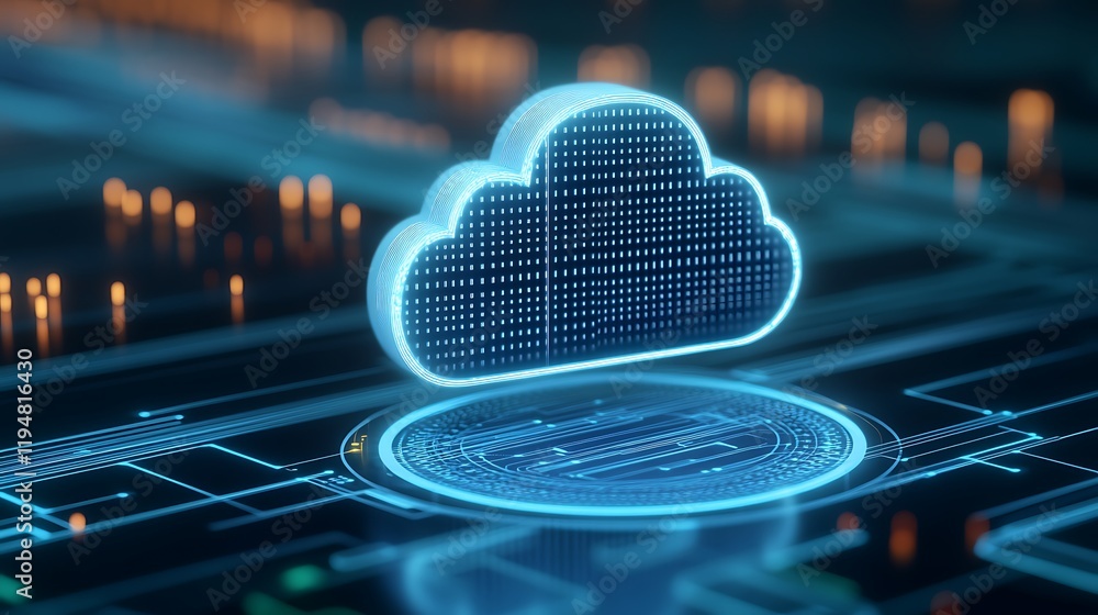 Poster digital cloud technology concept with futuristic data visualization and electronic circuit backgroun
