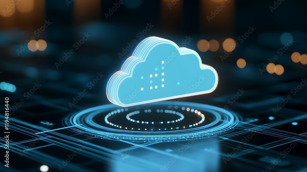 Poster digital cloud technology concept with futuristic design and neon glow on abstract background