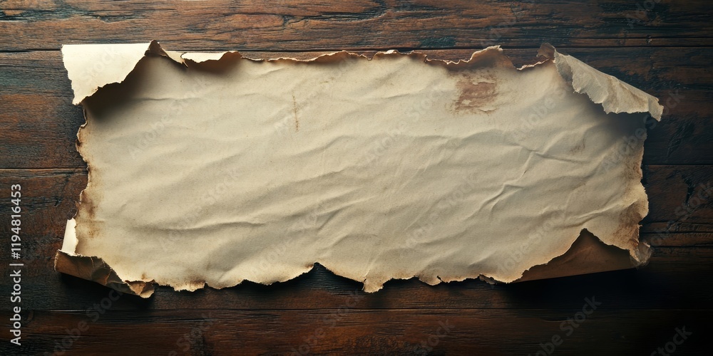 Poster torn vintage paper on wooden surface with rough edges hinting at uncovering hidden contents in soft 