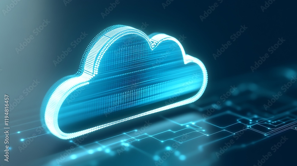 Poster digital cloud technology concept with glowing blue binary code and data connections for future compu