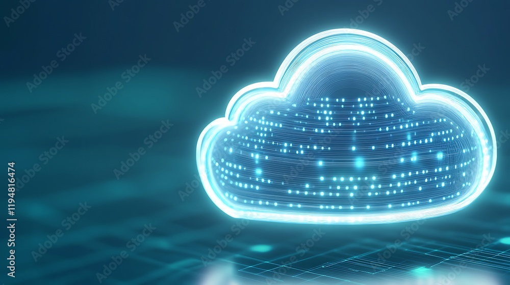 Poster digital cloud technology concept with futuristic glow and data representation for innovation and con