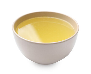 Tasty chicken bouillon in bowl isolated on white