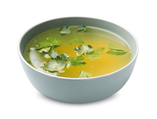 Tasty chicken bouillon in bowl isolated on white