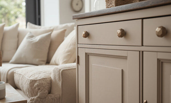 Modern mocha mousse drawer knobs with faceted geometric designs and soft matte textures mounted on taupe storage cabinets. The scene