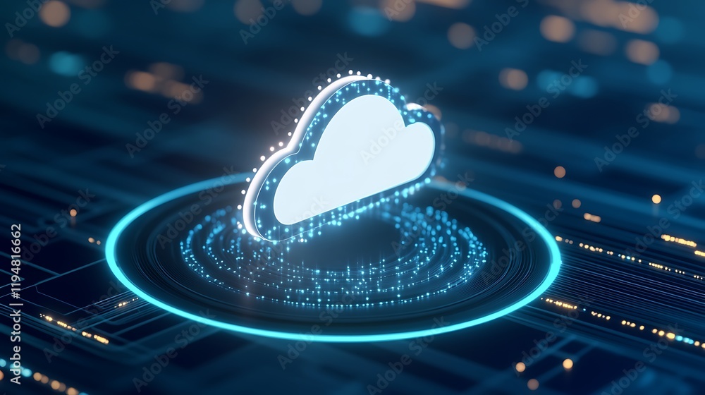 Poster digital cloud technology concept with glowing data circles over abstract background