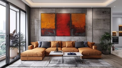 Fototapeta premium Modern apartment living room, sectional sofa, city view, artwork