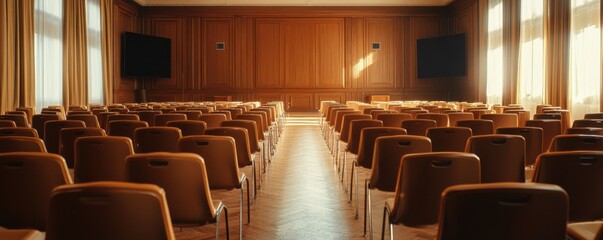 A hotel conference room prepared for a professional seminar or workshop, 4k photo.