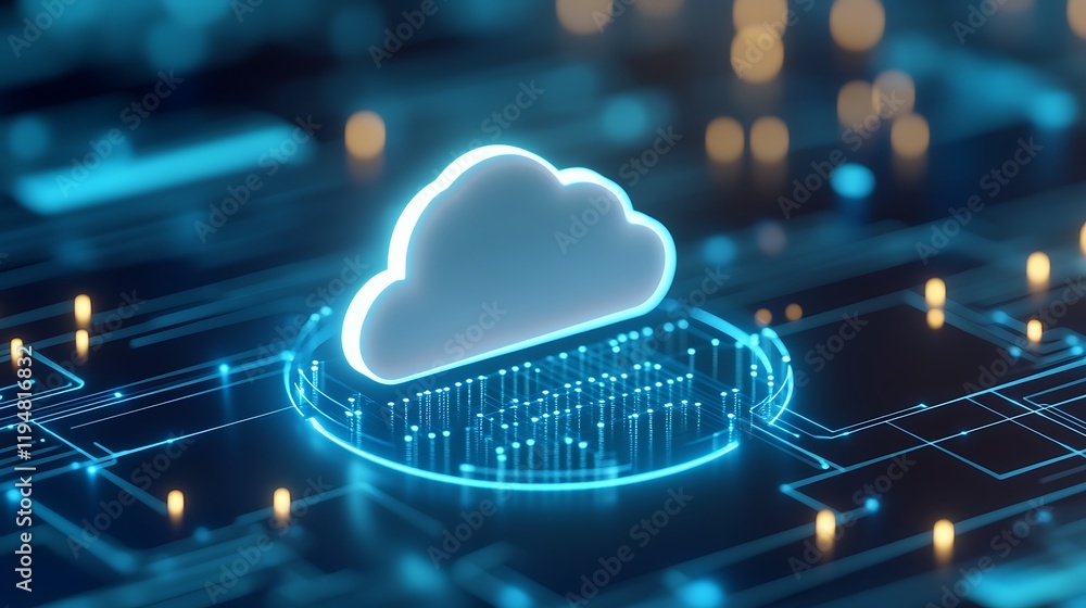 Poster digital cloud technology concept with neon glow over circuit board background for modern computing s