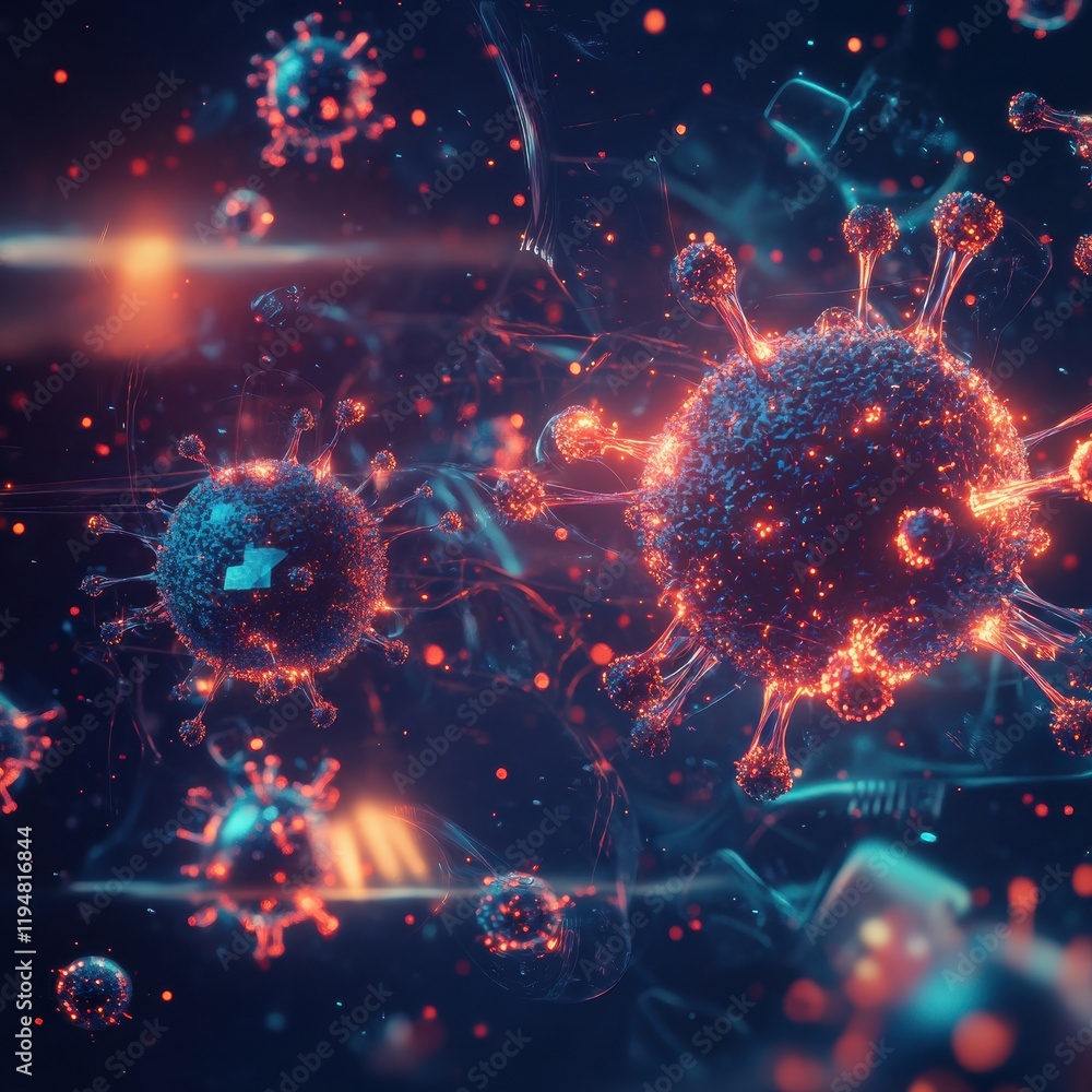 Poster visualization of antibodies engaging pathogens in a microscopic environment showcasing immune respon