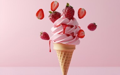 A strawberry ice cream cone topped with fresh strawberries and a drizzle of strawberry syrup, floating mid-air on a pastel pink background