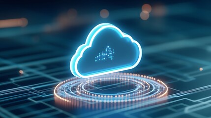 Digital Cloud Technology Concept with Neon Lights and Circuit Board Elements for Modern Innovation and Connectivity