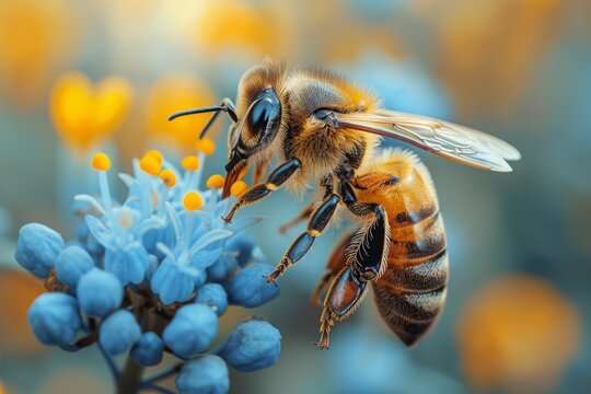 A detailed close-up of a bee on a light blue flower, with a blurred background of yellow flowers, emphasizing the bee's role in pollination. - Powered by Adobe