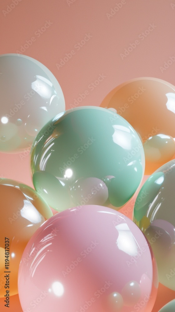 Poster a cluster of dynamic spheres in vibrant sage green and soft pastel shades gathers together, reflecti
