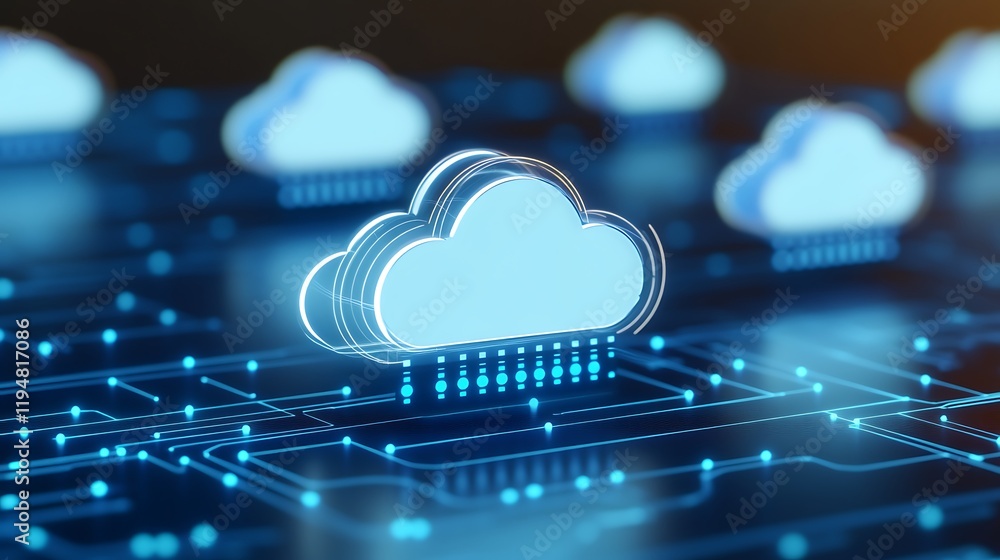 Poster digital cloud technology concept with network connections and data streams in a futuristic illustrat