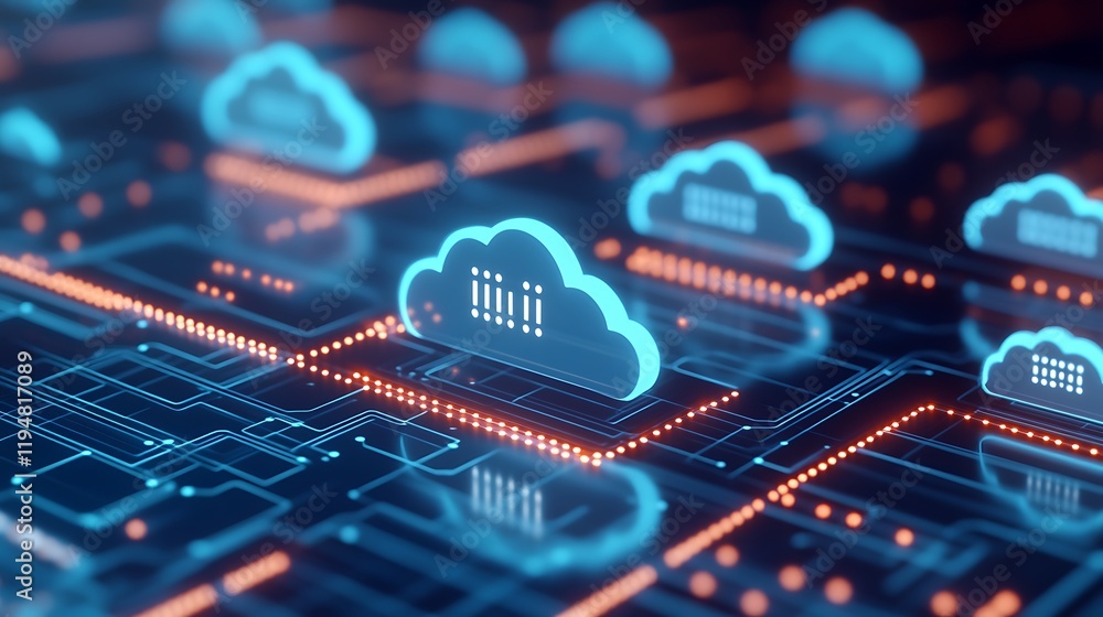 Poster digital cloud technology concept with network connections and data flow in modern computing environm