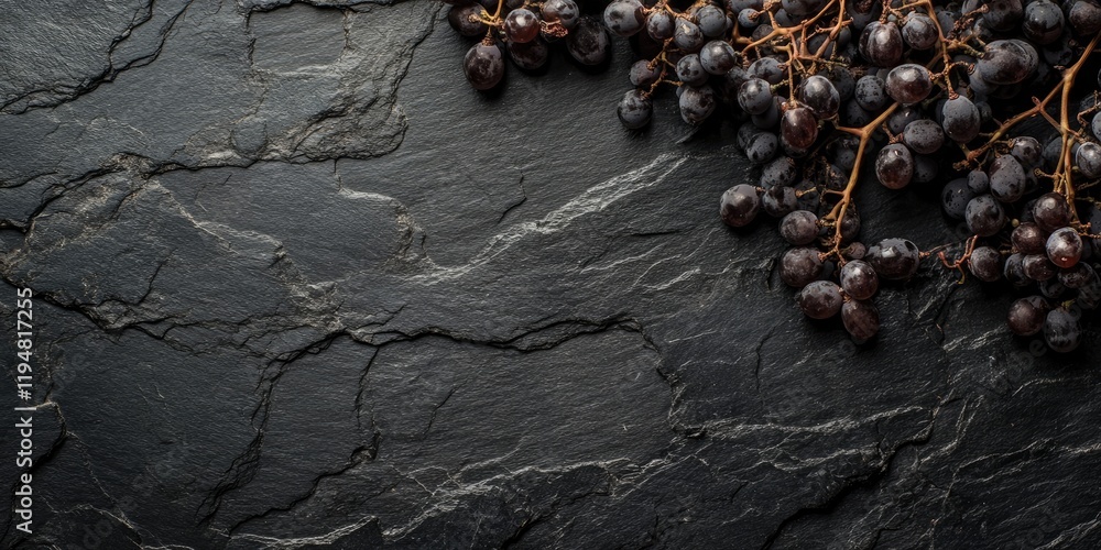Poster abstract backdrop of dry grape tendrils in dark tones on a textured black stone surface with ample n